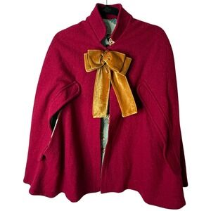 Pink Wool Blend Cape Coat with Gold Velvet Bow Accent Small Frida Kahlo Interior